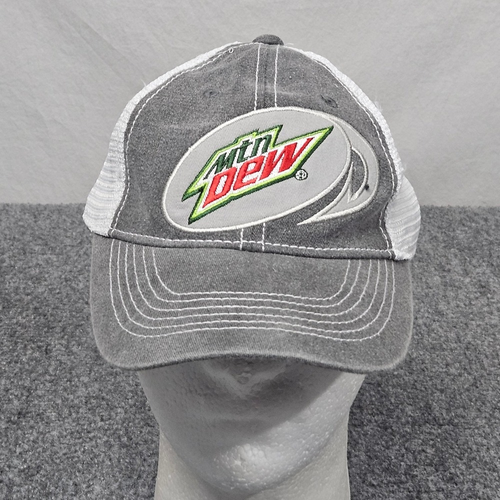 Mountain Dew Trucker Hat Gray White Mesh Cap Logo Sporty Workwear Y2K Racing